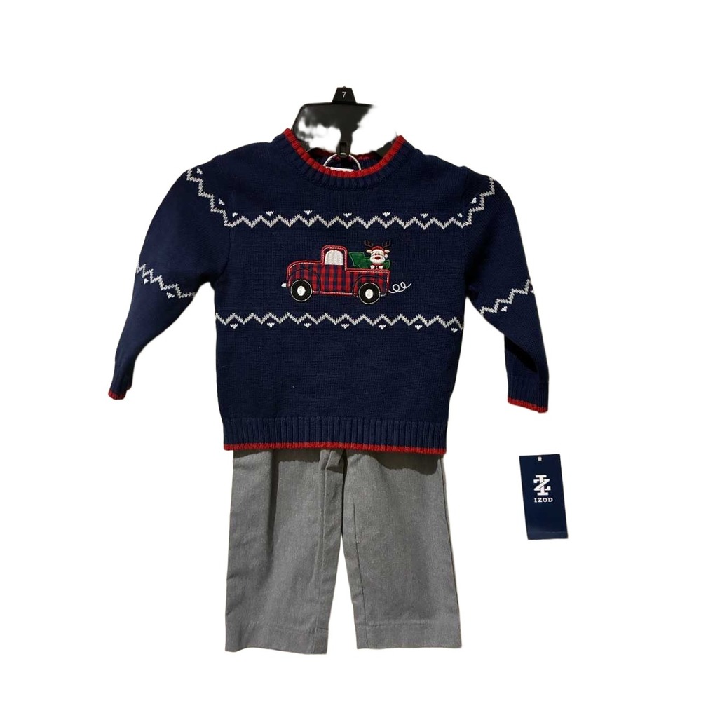 IZOD Kids Navy‎ Red Plaid Truck Embroidered Sweater Pants 2 Piece Set 18M